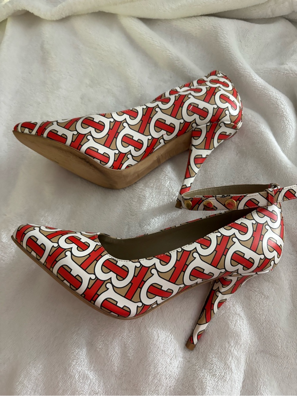 Burberry Red and White Monogram Ankle-Strap Pointed-Toe Heels